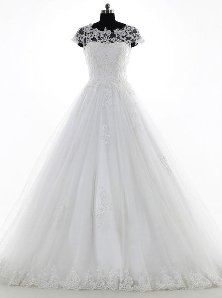 Vintage Wedding Dress,Cap Sleeves Bridal Dress,Tulle Bridal Dress,Appl ...