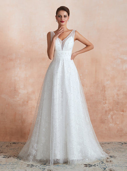 Wedding Dresses with Pearls,Unique Bridal Dress with V-neck,WD00474