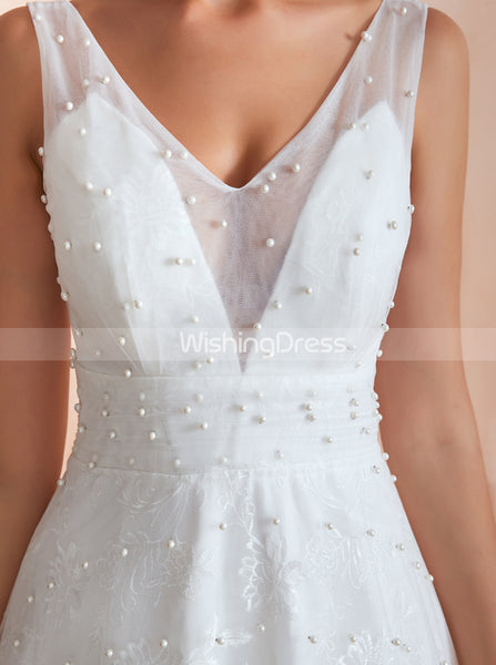 Wedding Dresses with Pearls,Unique Bridal Dress with V-neck,WD00474