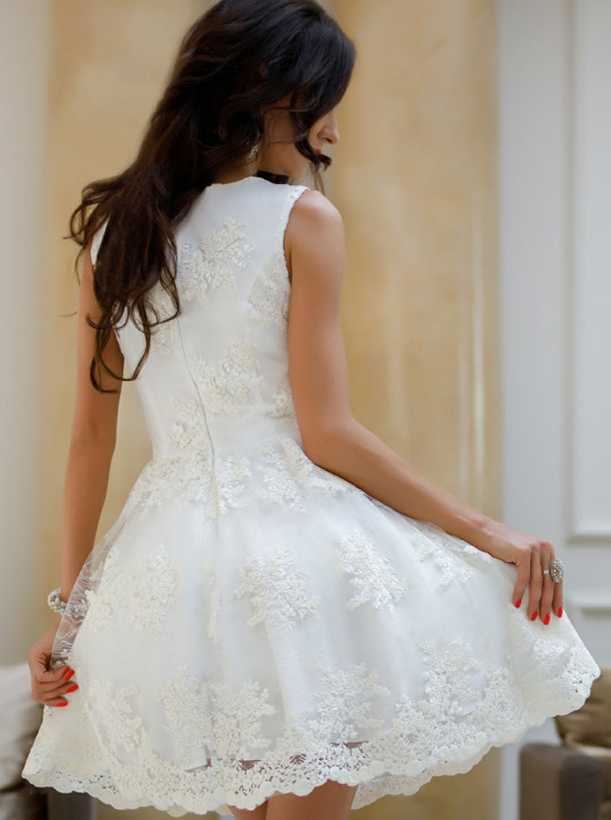 White Homecoming Dresses,Lace Homecoming Dress,V Neck Homecoming Dress ...