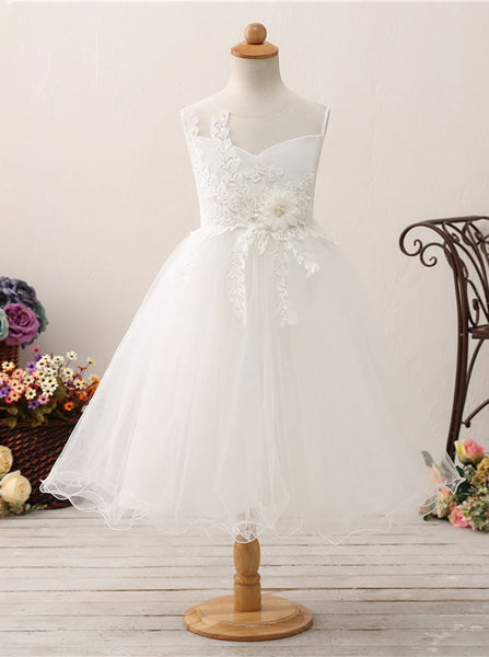 White Tea Length Flower Girl Dress,Cute Flower Girl Dress,FD00045