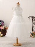 White Tea Length Flower Girl Dress,Cute Flower Girl Dress,FD00045